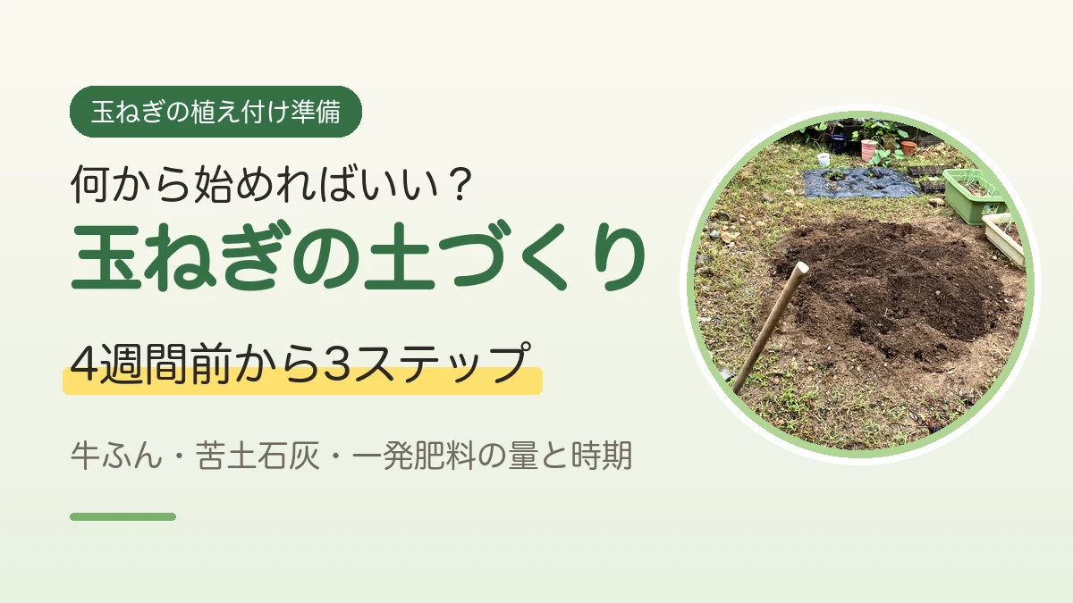 耕した畑の土の写真と、植え付け4週間前から始める玉ねぎの土づくりを伝えるアイキャッチ画像